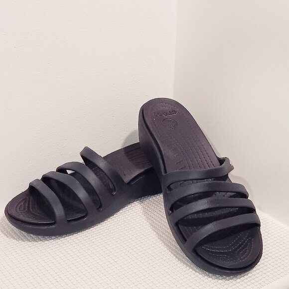CROCS Shoes - Crocs 8 Strappy Navy Blue Slides Wedge Sandals